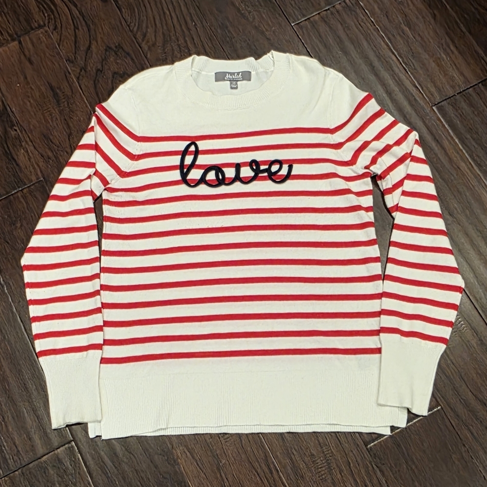 Marled-Red & White Striped- Crew Neck Sweater-"Love" Embroidered In Black- XS π’